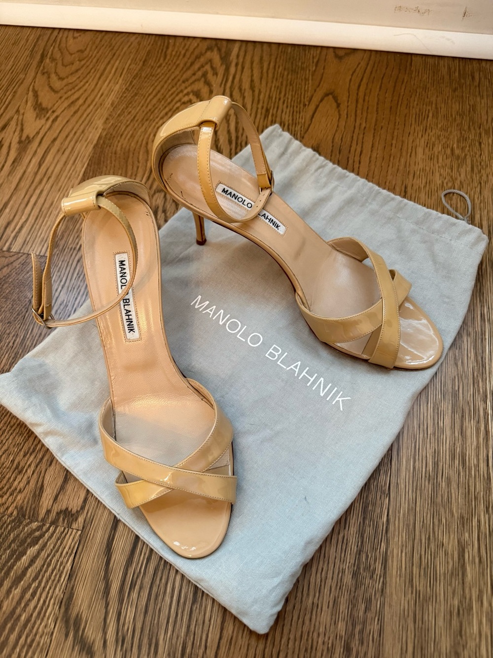 Manolo Blahnik Beige Patent Leather Strappy Sandals